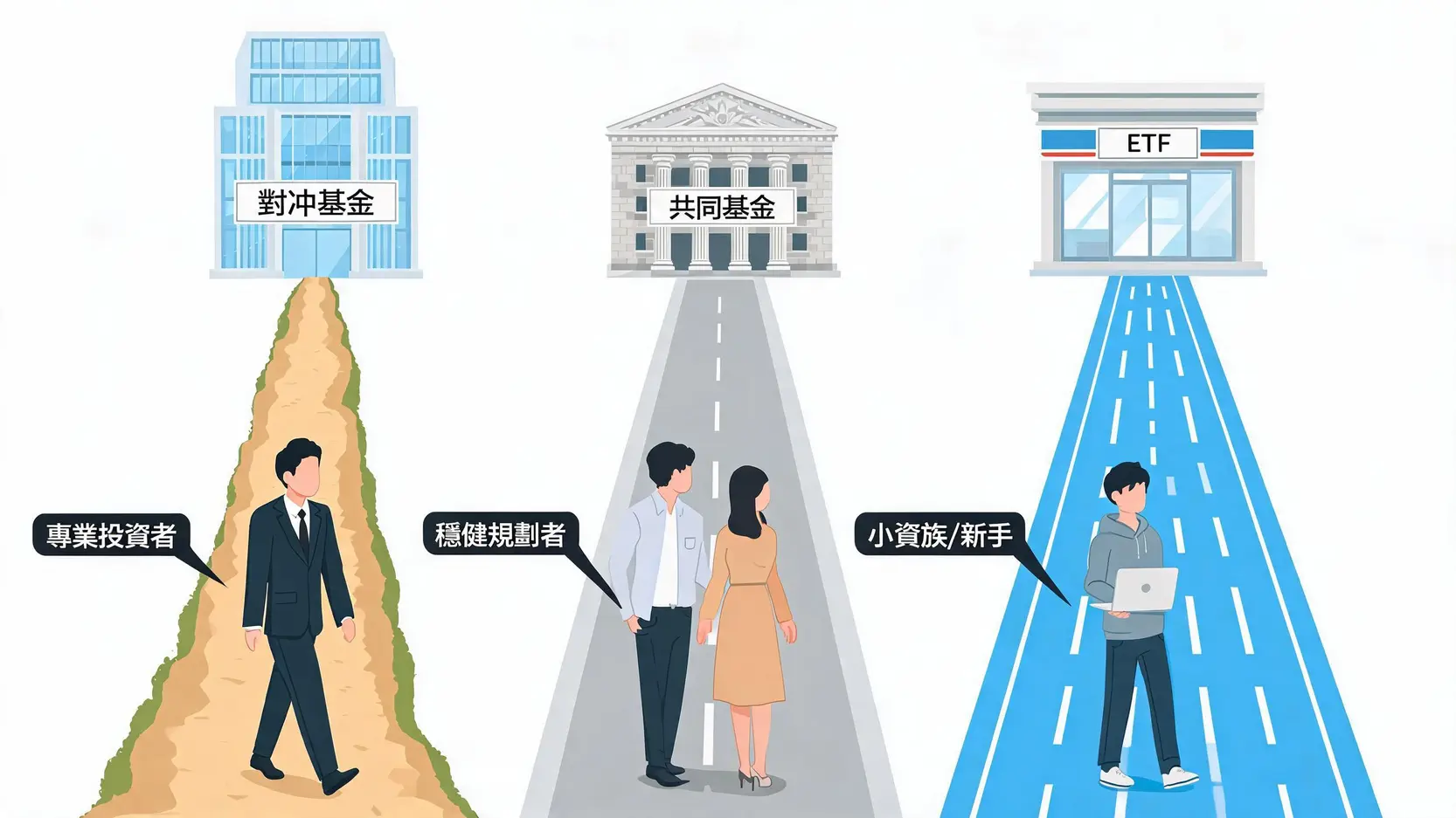 對沖基金 vs 共同基金 vs ETF:哪個最適合你?一張圖秒懂! 3 投資者類型與基金選擇路徑圖,展示專業投資者、穩健規劃者與小資族分別適合對沖基金、共同基金和ETF。