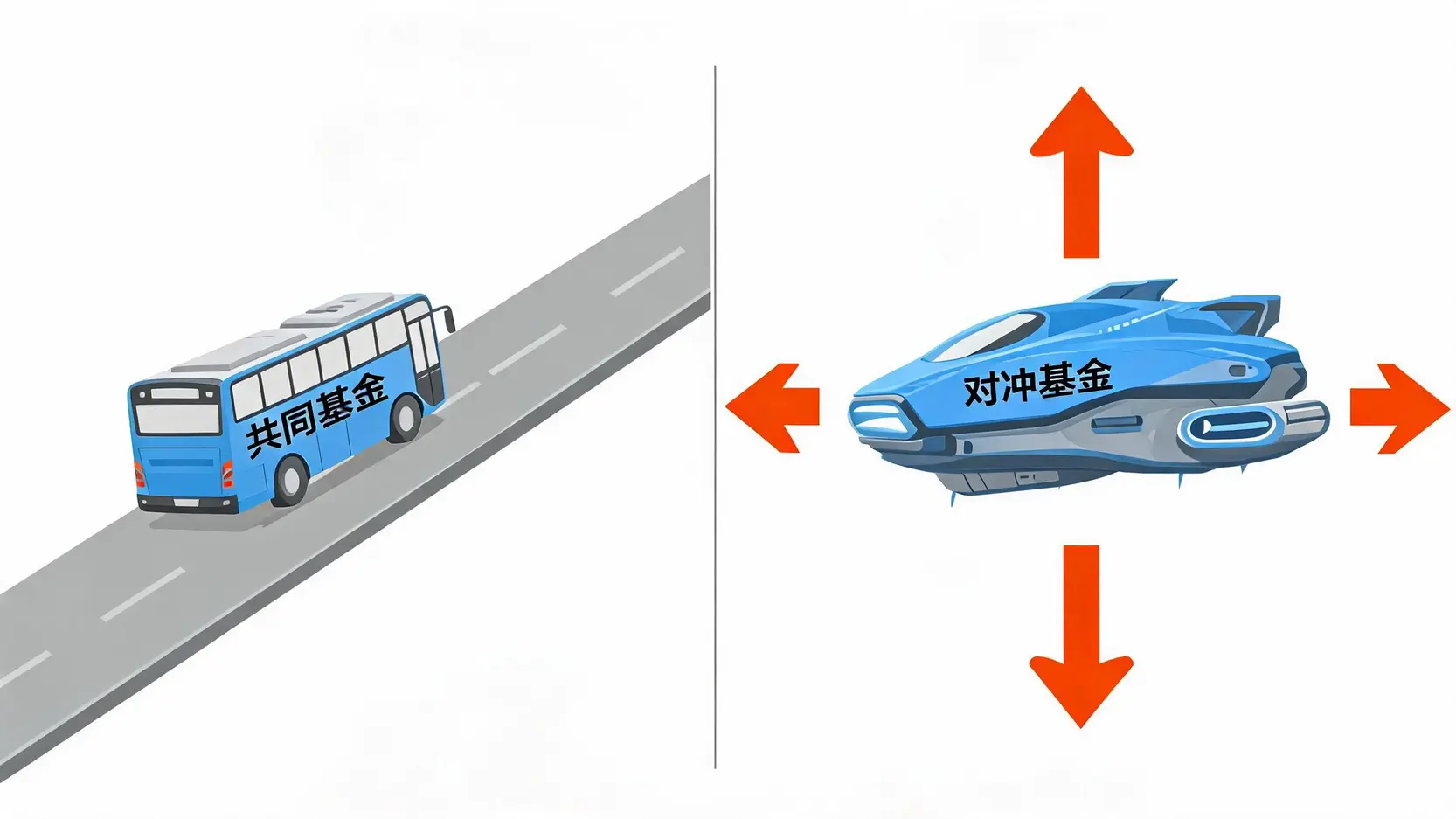 對沖基金是什麼?2026年富人圈投資策略、運作模式與費用全解析 2 一張對比圖,說明共同基金像只能直線行駛的巴士,而對沖基金像可以全方位移動的飛行器,突顯其策略靈活性。