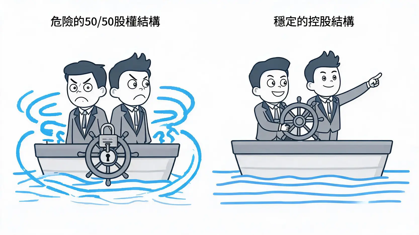 開公司股權怎麼分才公平?給新創團隊的股權結構設計全攻略 2 一張對比圖,展示了50/50股權分配導致決策僵局,而控股股權結構能讓公司穩定前行。