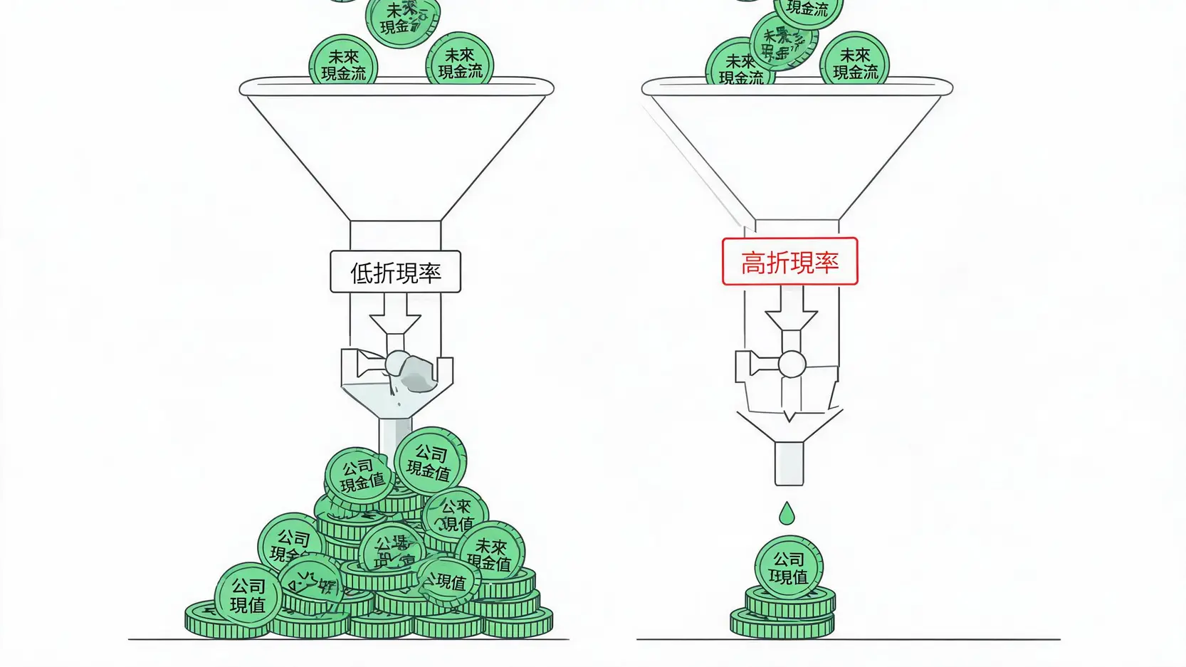 美債殖利率如何牽動全球股市?一次看懂「無風險利率」的蝴蝶效應 (2026年更新) 3 現金流量折現模型(DCF)示意圖,展示高折現率如何降低公司的估算現值。