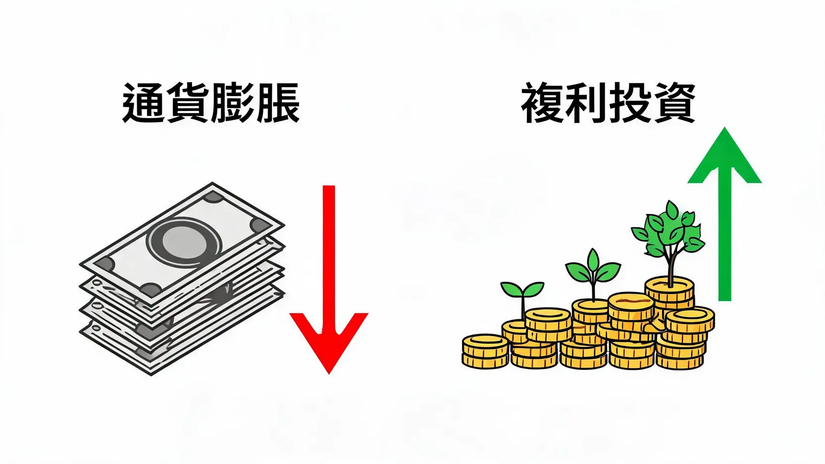 告別月光族!月薪3萬靠這3招無痛存出第一桶金 4 通貨膨脹導致資產縮水與複利投資帶來資產增長的對比示意圖