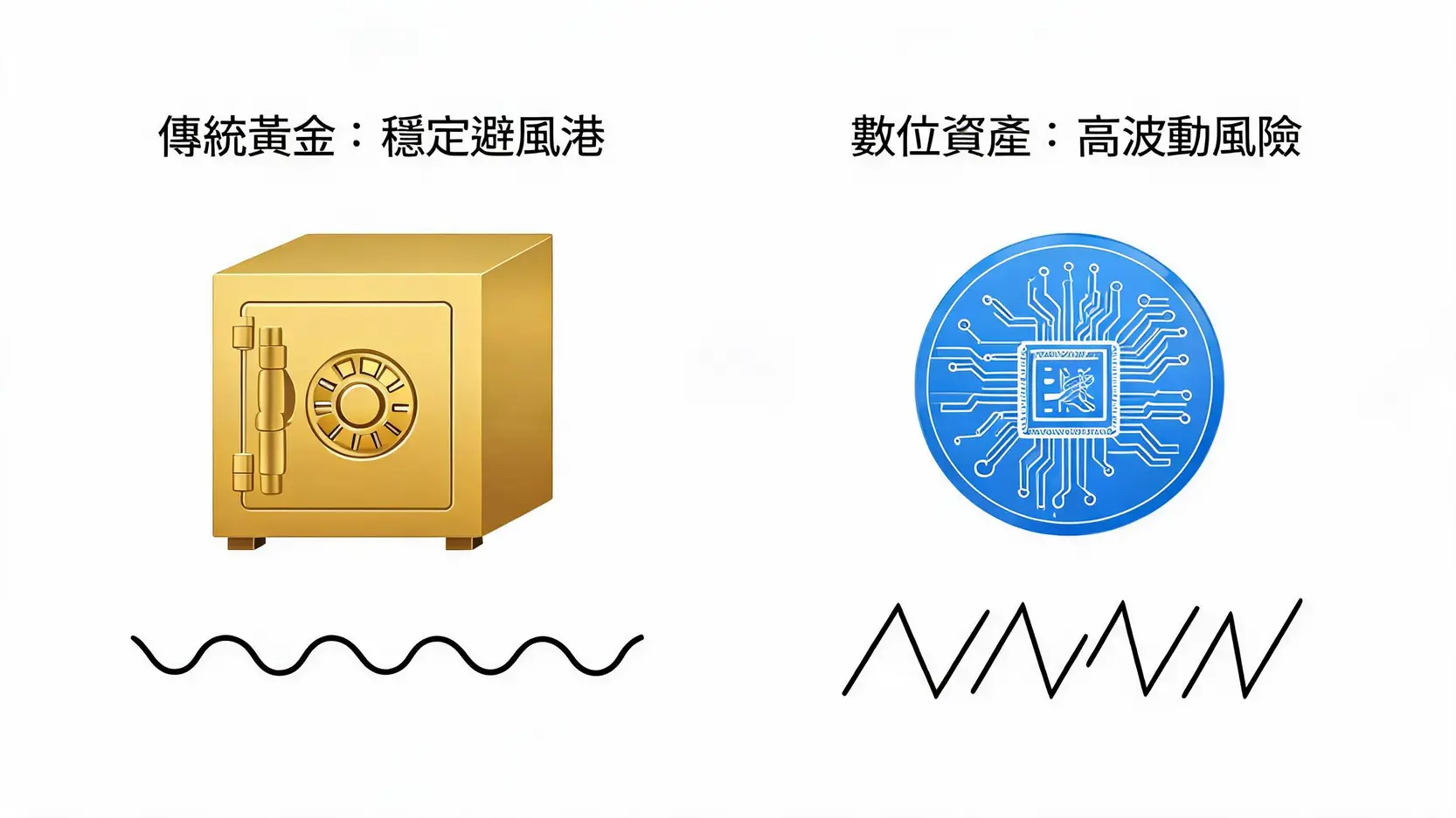 【黃金走勢分析2026】金價上看6000美元?地緣政治與華爾街預測總整理 3 傳統黃金與數位貨幣在資產配置中的穩定性對比圖