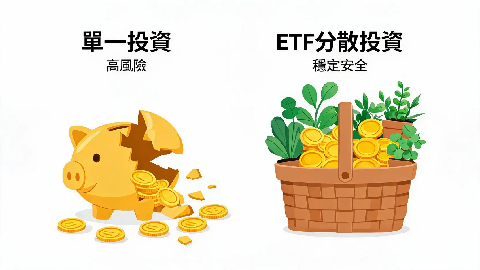 【新手必看】小額投資ETF指南:每月3000元滾出退休金的7個秘訣 2 單一個股風險與ETF分散投資的對比示意圖