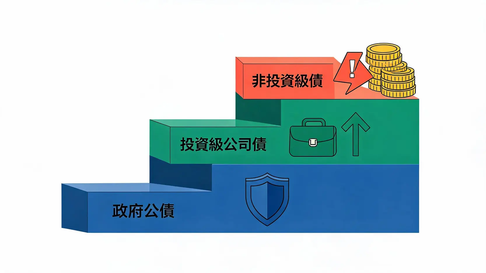 打造穩健現金流!固定收益債券怎麼買?種類與投資方法完整解析 3 政府公債、投資級公司債與非投資級債的風險與報酬對比圖