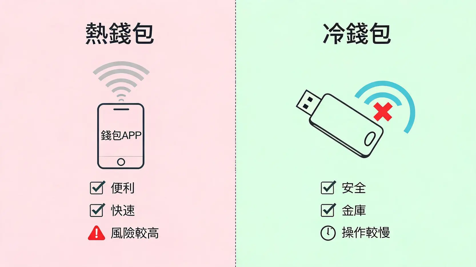 Ether.fi Card 指南:冷錢包 vs 熱錢包,哪種最安全?3%回饋全攻略 2 熱錢包與冷錢包的對比圖,熱錢包強調便利但風險高,冷錢包強調安全但操作較慢。