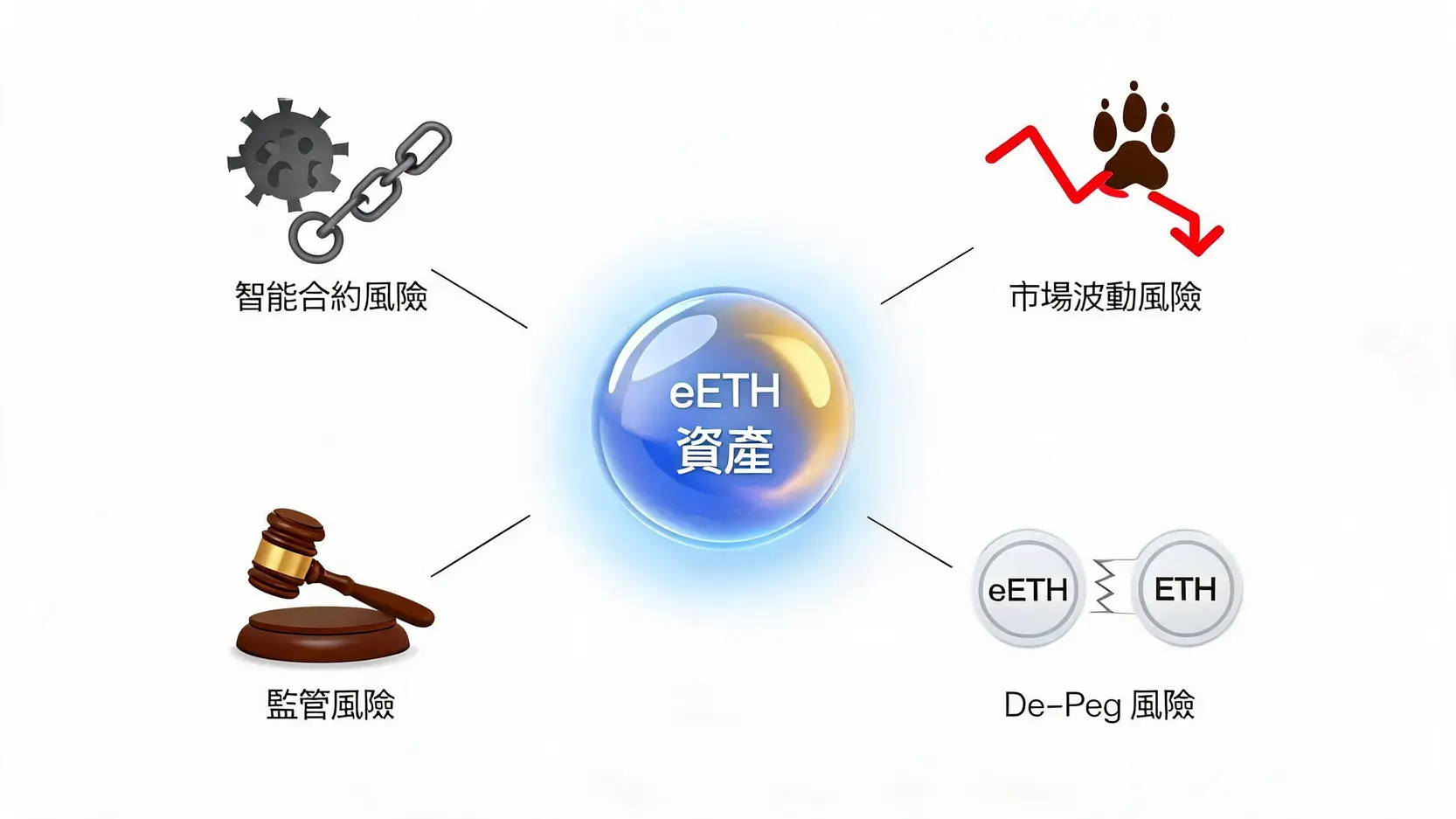 Ether.fi Card指南:一篇搞懂以太坊質押、消費回饋與DeFi複利! 2 一張概念圖,展示了使用Ether.fi Card的四種潛在風險:智能合約風險、市場波動風險、監管風險和脫鉤風險。