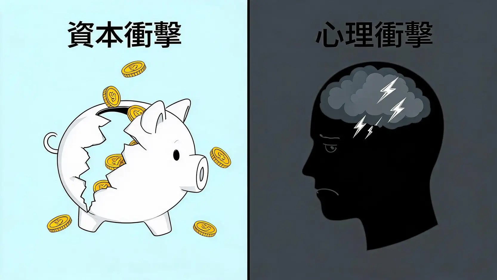 外匯保證金強制平倉終極指南:爆倉原因、計算方式與風險應對策略 3 強制平倉對交易者的雙重衝擊:左邊是代表資金損失的破碎存錢筒,右邊是代表人心理創傷的烏雲大腦。