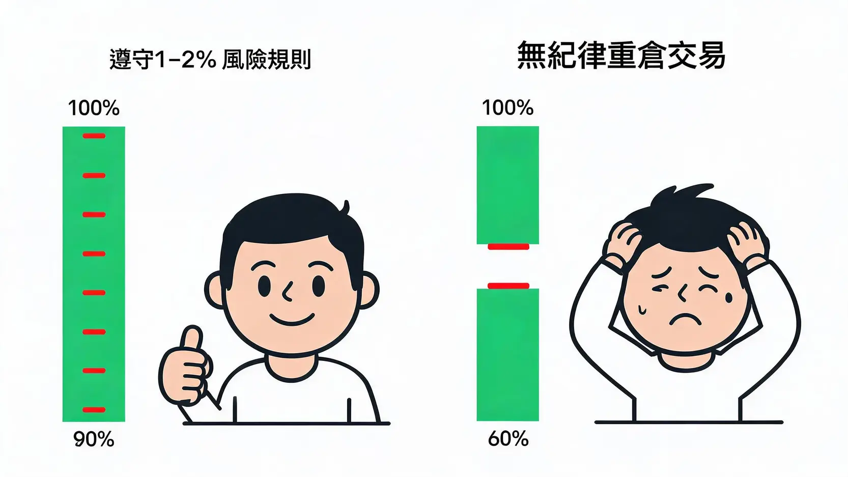 不再恐懼外匯爆倉!專業交易者預防強制平倉的五大進階策略 2 一張對比圖,展示遵守1-2%風險規則與重倉交易在連續虧損後對帳戶資金的不同影響。