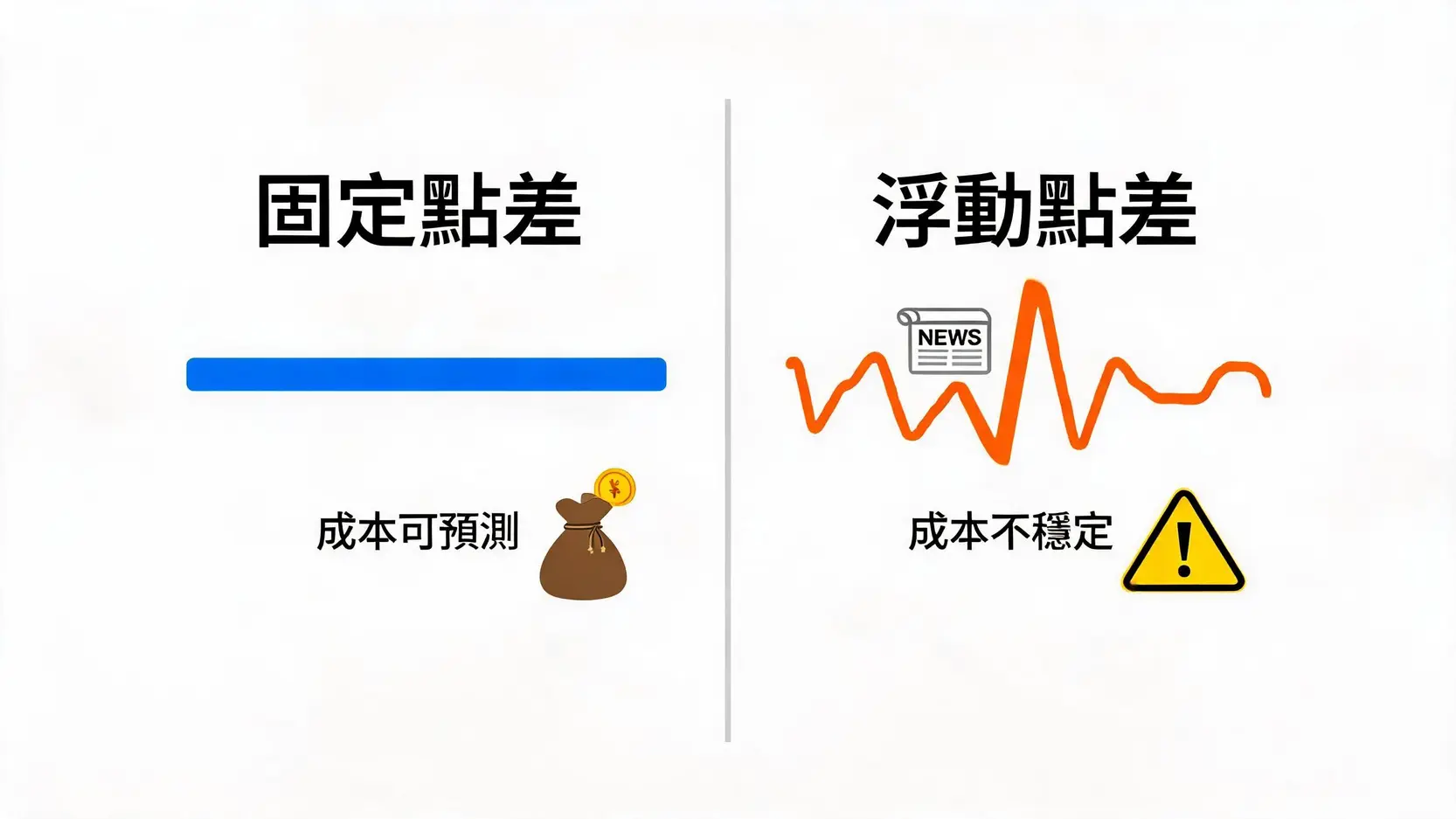 外匯保證金點差完整教學|Spread計算、影響因素與低點差平台挑選 3 固定點差與浮動點差的比較圖,展示了兩者在成本穩定性和波動性上的差異。