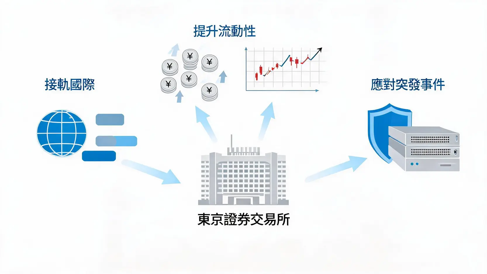 日股幾點開盤?2026日本股票交易時間、台灣時間對照與假日休市全攻略 3 一張概念圖,解釋東京證券交易所延長交易時間的三大原因:與國際市場接軌、提升市場流動性、以及增強應對突發事件的能力。