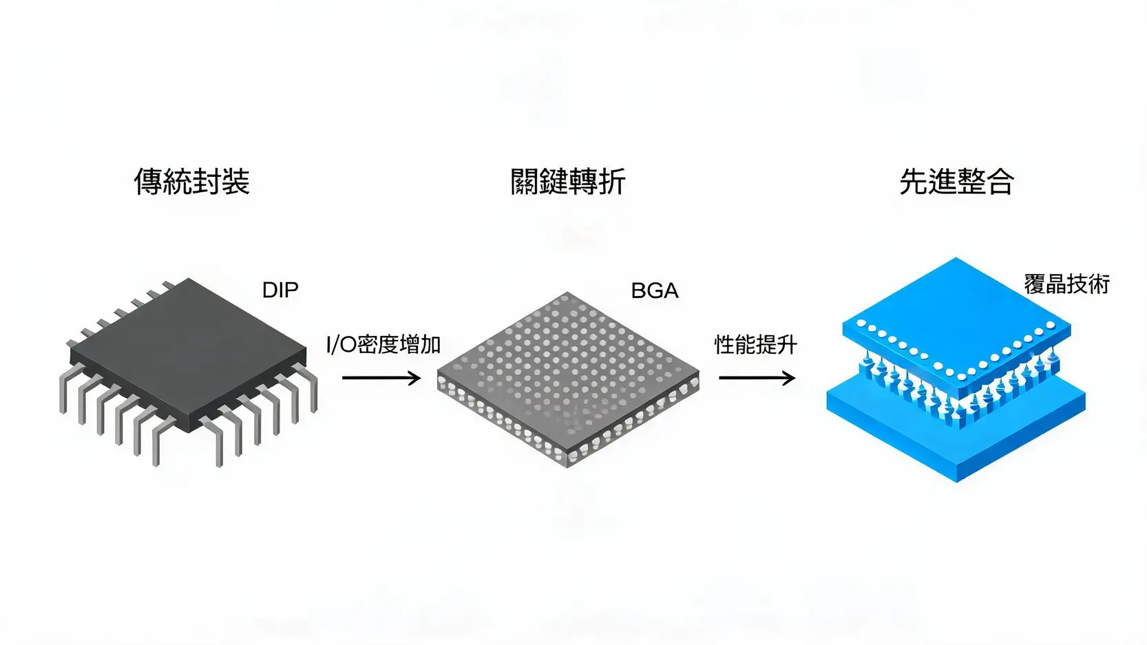 【2026圖解】半導體封裝是什麼?從CoWoS到3D堆疊,看懂AI晶片決勝點 2 半導體封裝技術演進史,從傳統的DIP封裝,到BGA球柵陣列封裝,再到覆晶技術。