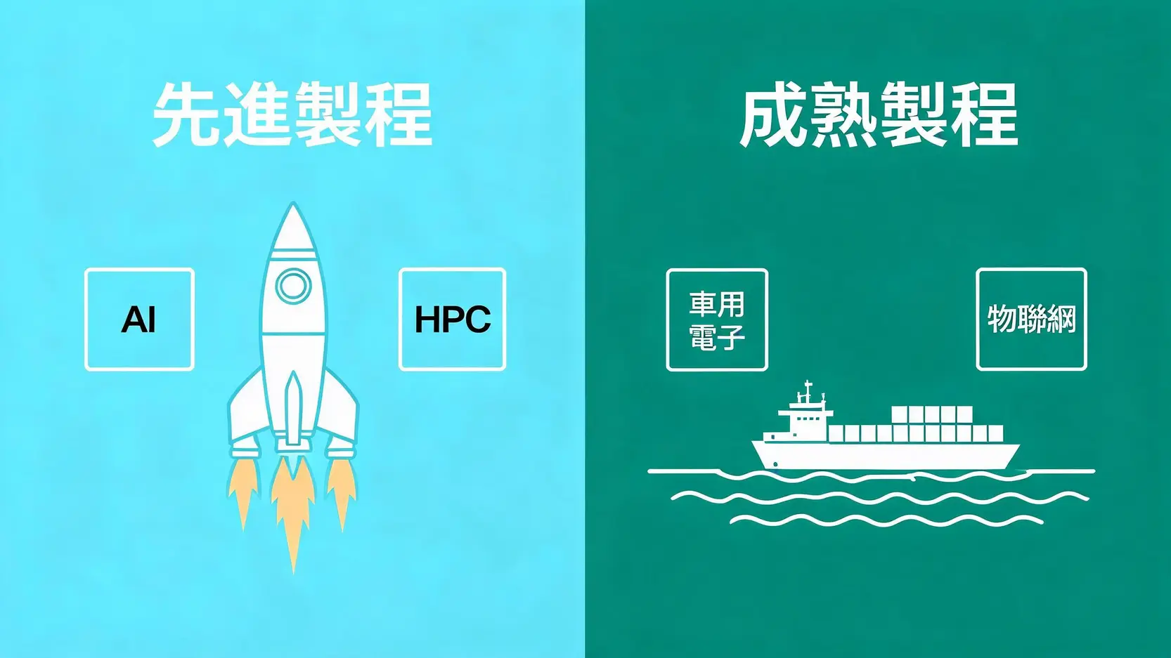 2026半導體股票推薦:精選10檔台股龍頭與高潛力概念股深度解析 3 晶圓代工雙雄對比圖:一家專注於先進製程,應用於AI和HPC;另一家專注於成熟製程,應用於車用電子和物聯網。