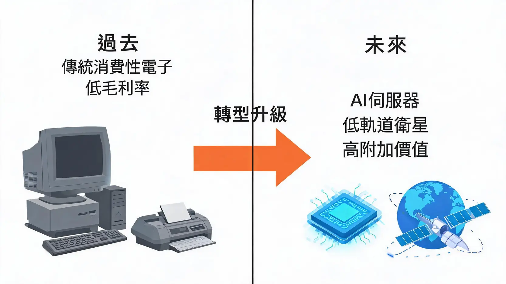金寶(2312)股價狂飆後能買嗎?從AI、衛星題材到2026財報的全面分析 2 金寶電子業務轉型示意圖,從傳統消費電子轉向AI與衛星等高附加價值領域。