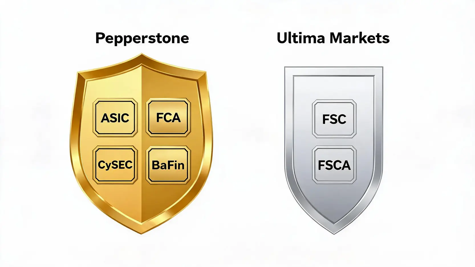 Ultima Markets vs Pepperstone:2026年經紀商對決(費用、監管、平台) 2 Pepperstone與Ultima Markets的監管強度對比,Pepperstone擁有一個帶有多個頂級監管徽章的大盾牌,而Ultima Markets的盾牌較小。