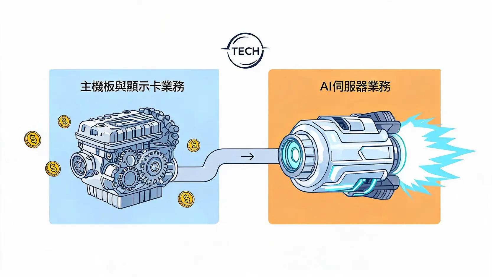 技嘉股票可以買嗎?2026年財報、股利、AI前景全解析 2 技嘉雙引擎業務模式示意圖,展示了穩定的板卡業務和高成長的AI伺服器業務如何協同運作。