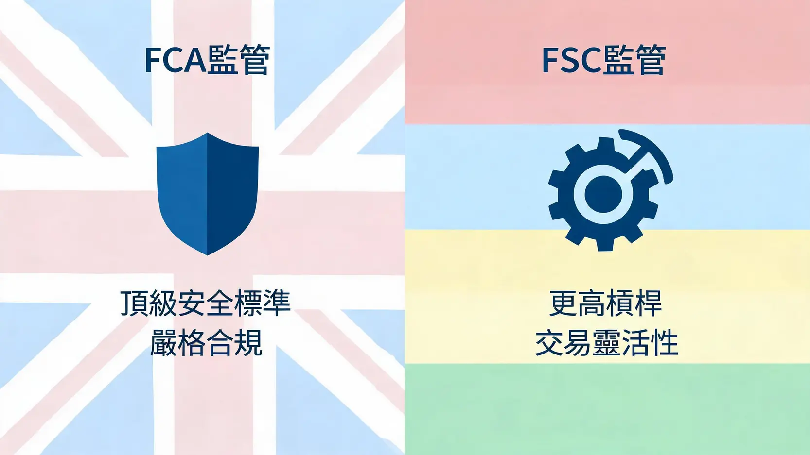 Ultima Markets 公司評測:FCA/FSC雙監管是詐騙嗎?背景、開戶教學全解析 2 Ultima Markets的FCA與FSC雙重監管對比圖,左側展示FCA的嚴格安全標準,右側展示FSC的靈活交易條件。