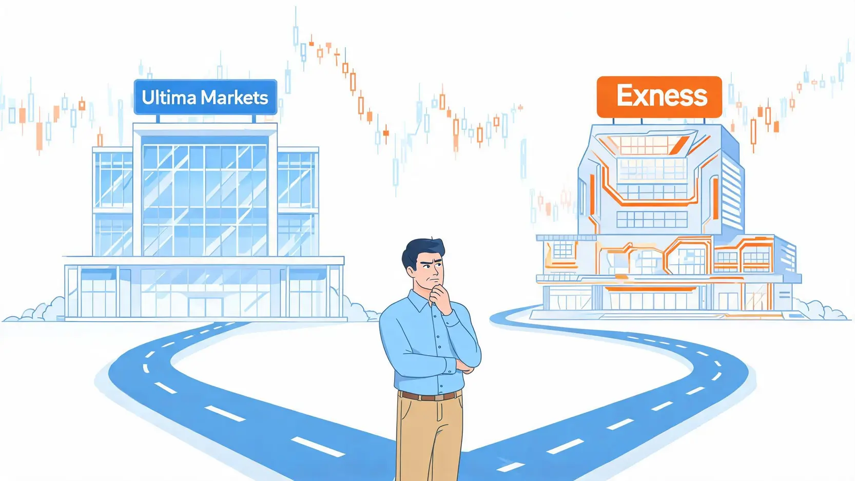Ultima Markets vs Exness:2026年最誠實對比(監管、點差、平台) 2 一位交易員在 Ultima Markets 和 Exness 兩個經紀商之間做出選擇的插圖。