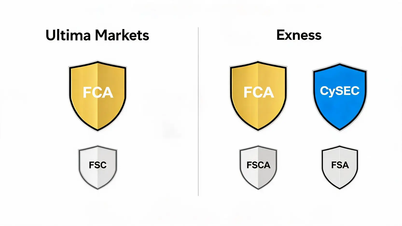 Ultima Markets vs Exness:2026年最誠實對比(監管、點差、平台) 3 Ultima Markets 與 Exness 的監管機構對比圖,展示了各自持有的 FCA、FSC、CySEC 等牌照。