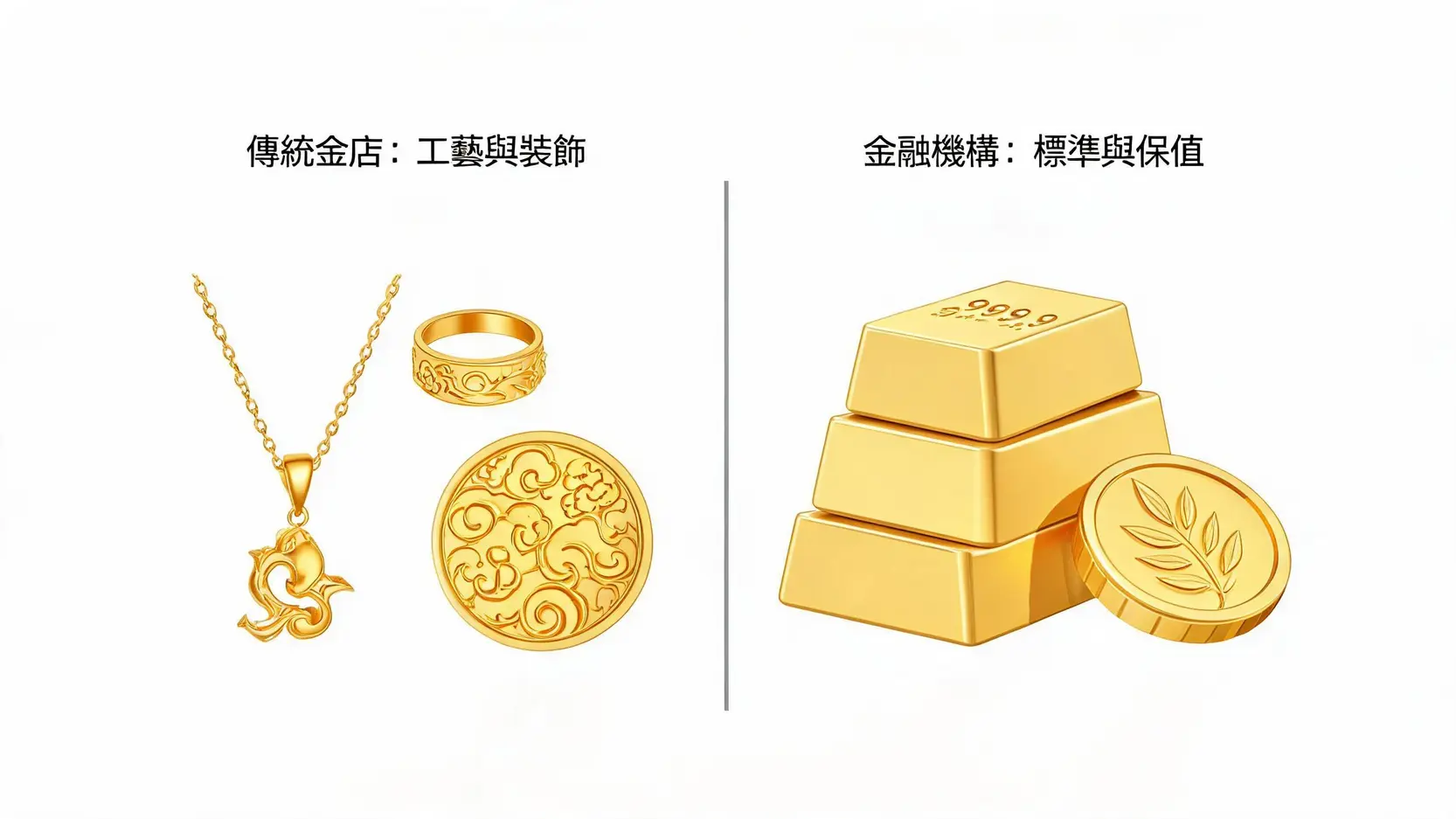 買黃金該去銀樓還是銀行?2026流程、價格、優缺點完整比較 2 銀樓與銀行提供的黃金商品類型對比,銀樓提供金飾,銀行提供標準金條金幣。