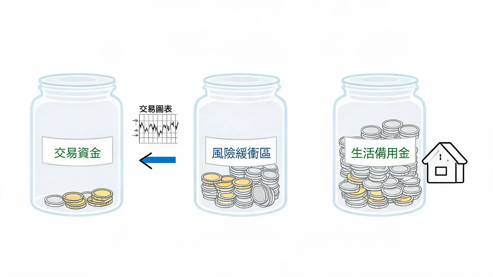 小道瓊保證金2026終極指南:交易一口多少錢?從風險控管到成本全解析 3 資金管理三層結構示意圖,分為交易資金、風險緩衝區和生活備用金,強調風險隔離。