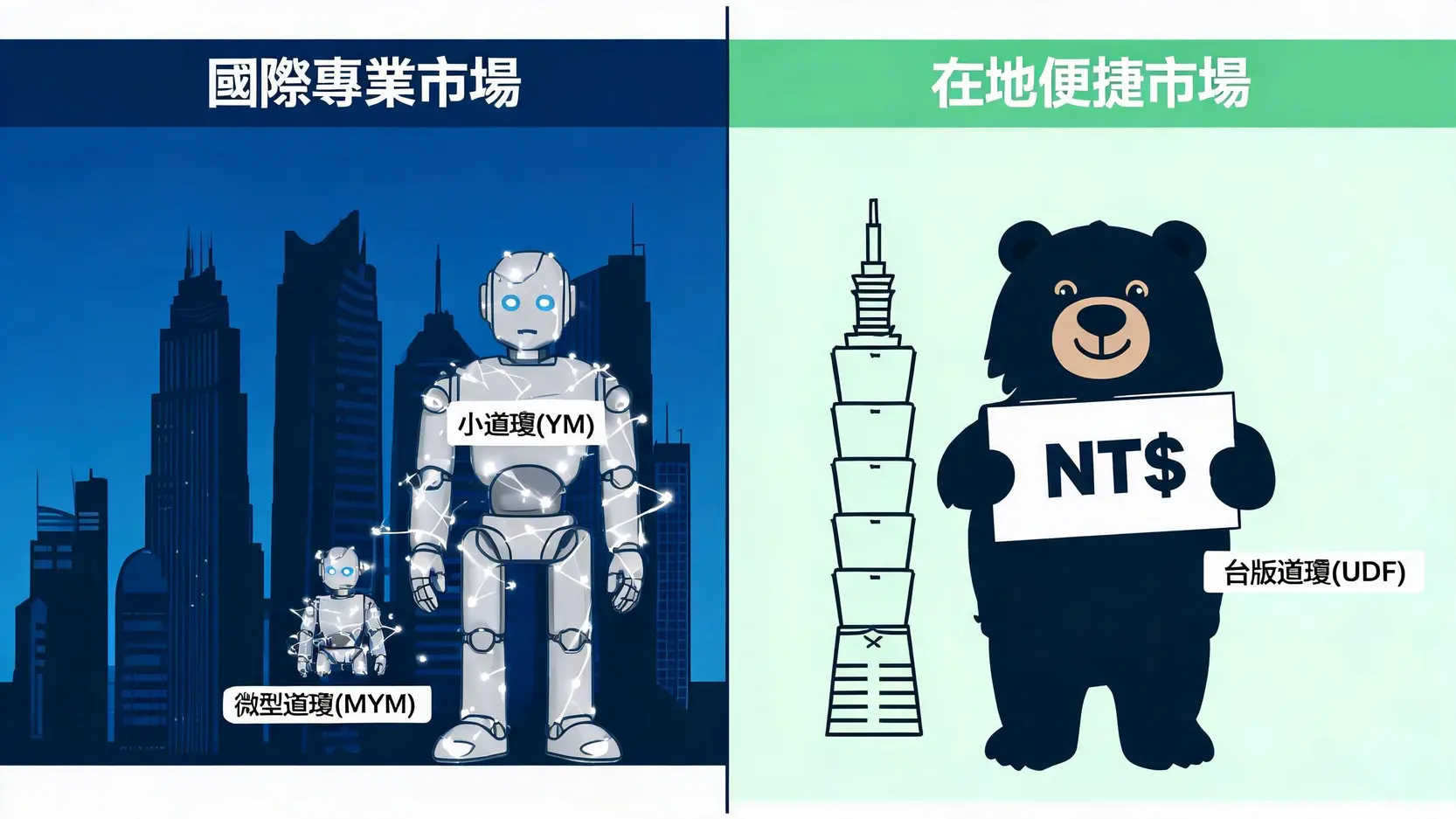 2026 小道瓊 vs 台版道瓊 (UDF) 終極對決:保證金、滑價成本與最佳選擇 2 小道瓊(YM)、微型道瓊(MYM)與台版道瓊(UDF)三種期貨產品的定位對比圖,展示了國際市場與在地市場的區別。