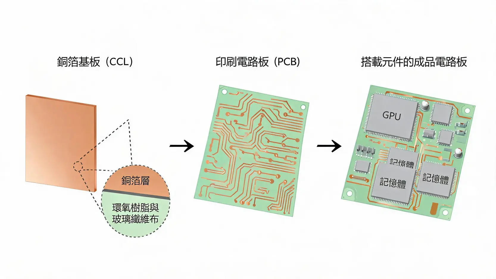 2026 聯茂電子概念股有哪些?AI 帶動 CCL、PCB 供應鏈,5 檔受惠股解析 2 一張圖解說銅箔基板(CCL)如何變成印刷電路板(PCB)並搭載電子元件的過程。