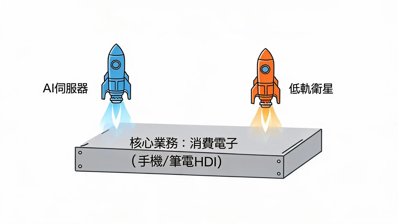 華通股價還能追嗎?AI與低軌衛星雙引擎發動,2026最新目標價與前景分析 2 華通業務結構示意圖,展示以消費電子為基礎,由AI伺服器與低軌衛星雙引擎驅動成長。