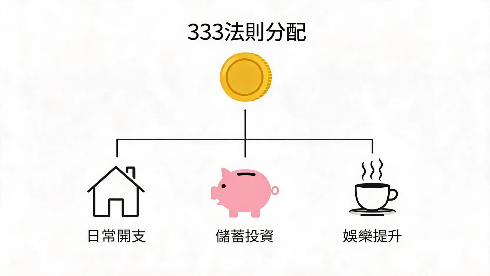 2026投資理財方法總整理:新手必學的4大步驟與實用工具 2 333法則薪水分配示意圖