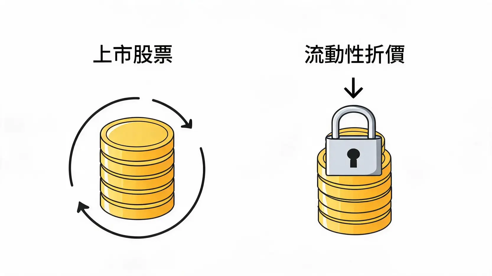 2026進階股票評價教學:未上市股票評價與現金流折現模型解析 3 流動性折價(DLOM)示意圖,對比上市股票與未上市股票因流動性差異產生的價值折扣。