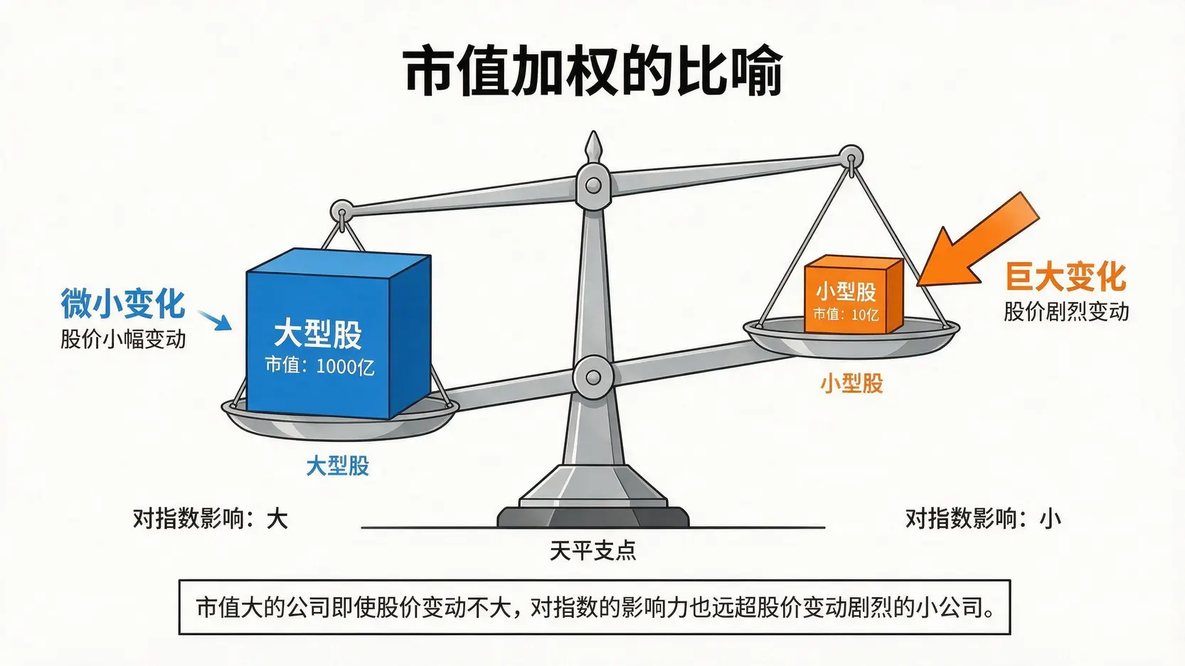 標普500指數是什麼?成分股、計算方式與ETF投資指南 3 市值加權法概念圖,用一個不平衡的天平顯示大型股公司的股價變動對指數的影響遠大於小型股公司。