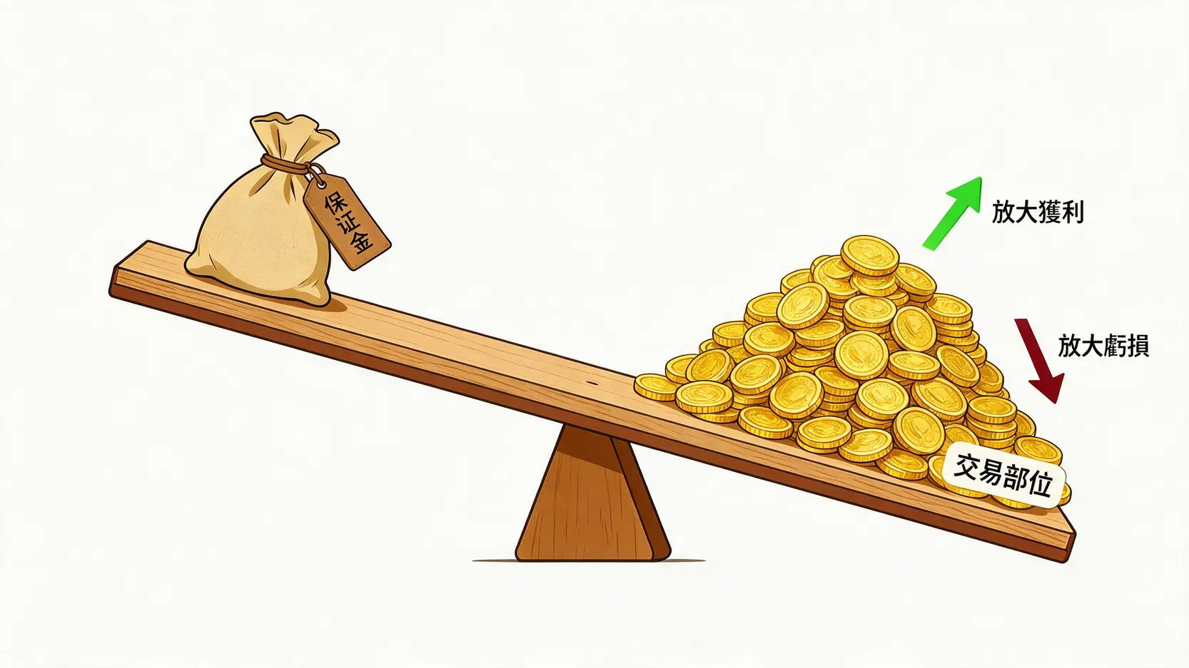 IB外匯保證金終極指南:開戶教學、保證金計算與風險管理全攻略 2 一張說明外匯槓桿原理的示意圖,用蹺蹺板來比喻小額保證金如何控制大額交易部位,同時放大了潛在的獲利與虧損。
