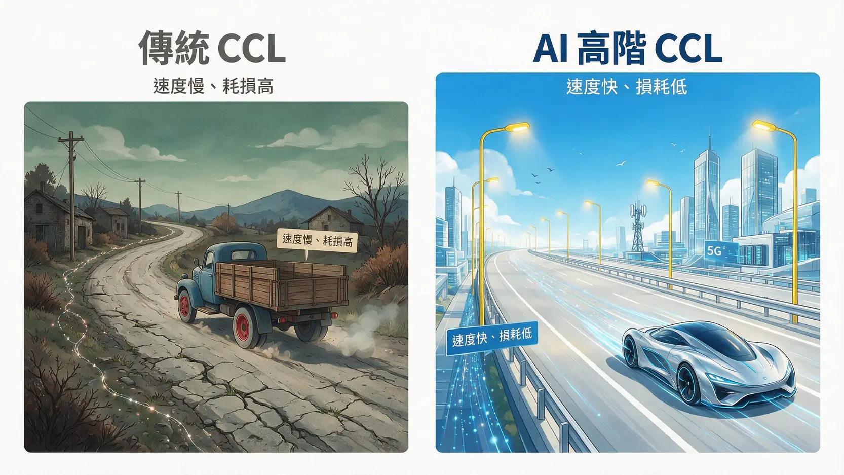 銅箔基板概念股總整理:AI浪潮下的隱藏冠軍,一次看懂6檔台股龍頭 3 AI伺服器對CCL的要求對比圖,左邊是傳統CCL如鄉間小路,右邊是AI高階CCL如超級高速公路。