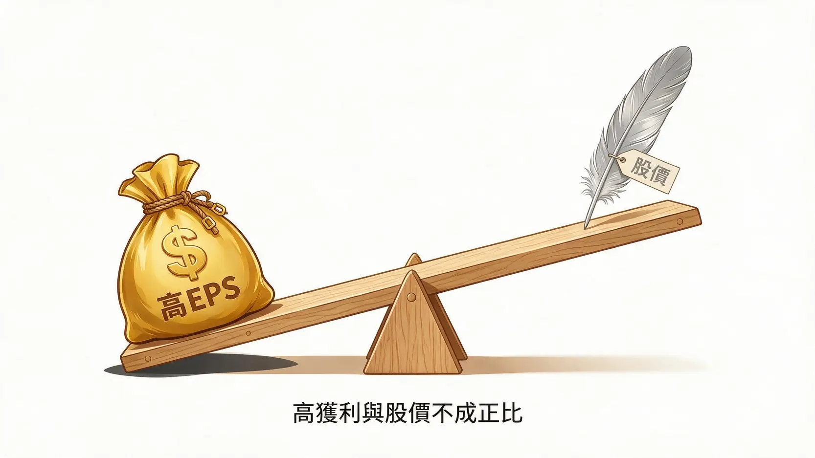 和碩股價為何漲不動?EPS、股利與AI伺服器轉型前景解析 2 一張圖表解釋和碩為何EPS高但股價低的現象,以不平衡的蹺蹺板比喻。