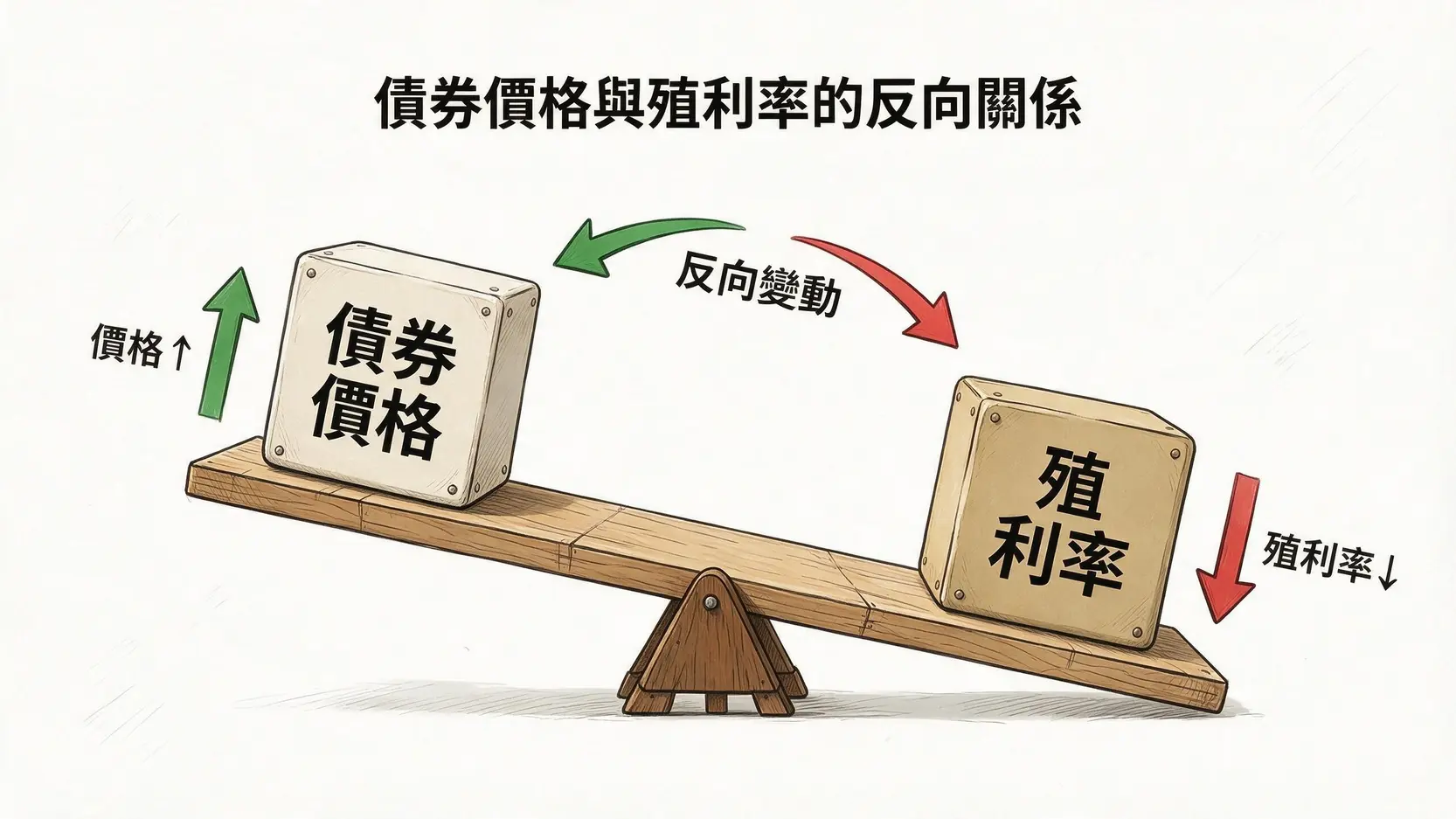 2026債券殖利率是什麼?價格反向關係、股市影響與倒掛解析 2 債券價格與殖利率的蹺蹺板反向關係示意圖