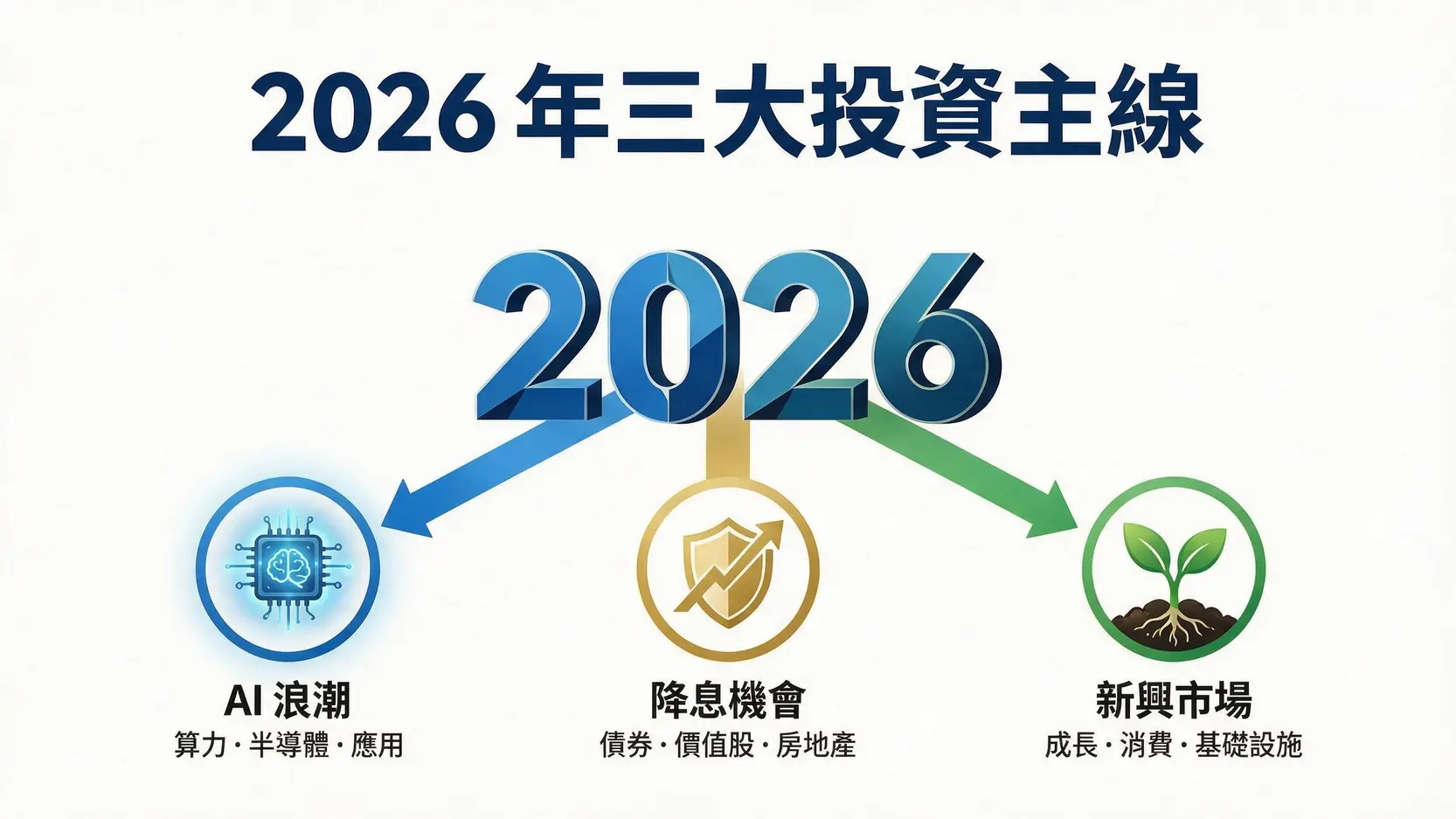 2026下半年投資什麼好?專家點名3大潛力板塊,穩定投資者必看! 2 2026年三大投資主線概念圖,包含AI浪潮、降息機會下的債券與防禦股,以及新興市場的潛力。