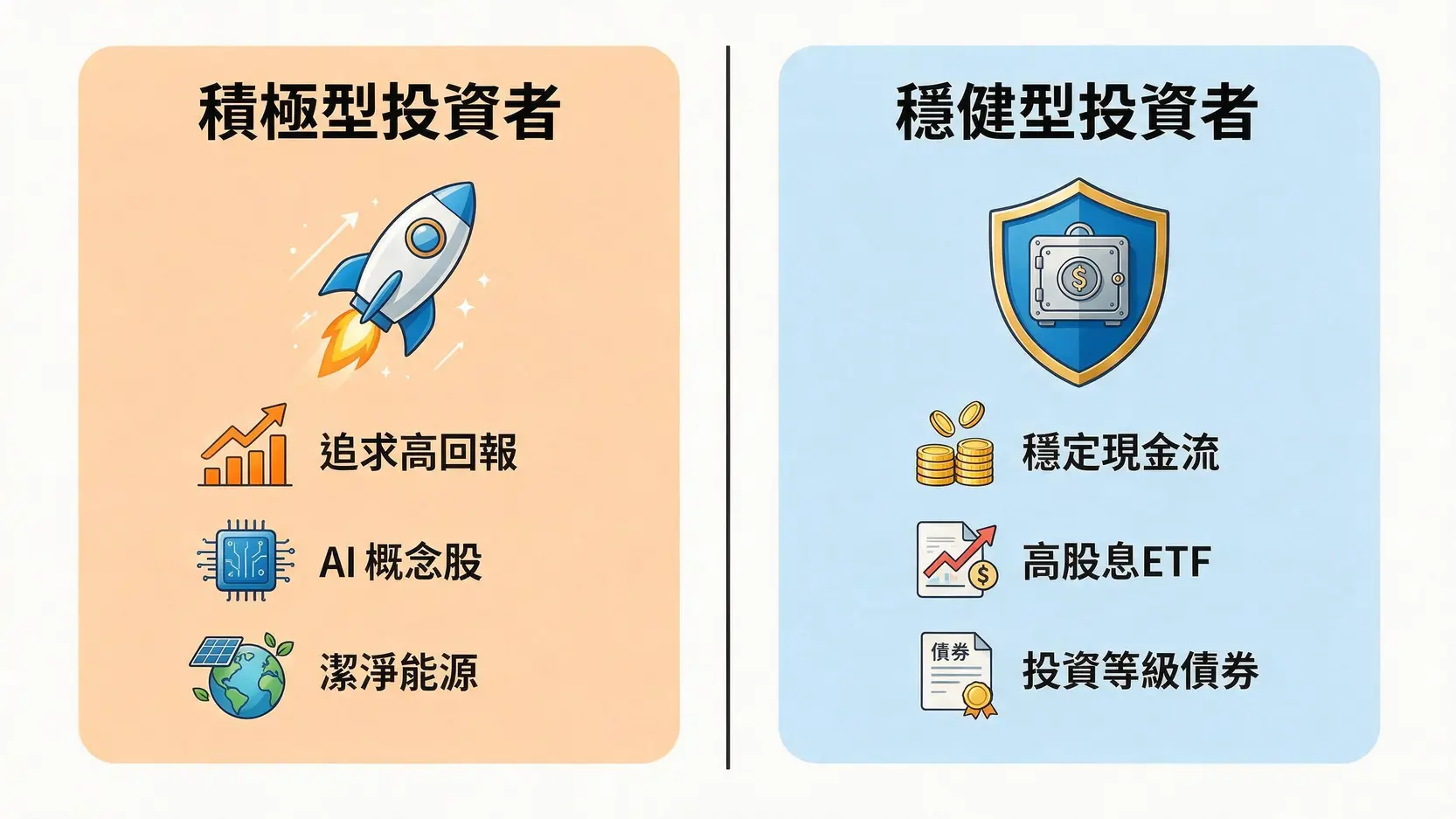 2026下半年投資什麼好?專家點名3大潛力板塊,穩定投資者必看! 3 積極型與穩健型投資者的策略與資產配置對比圖。