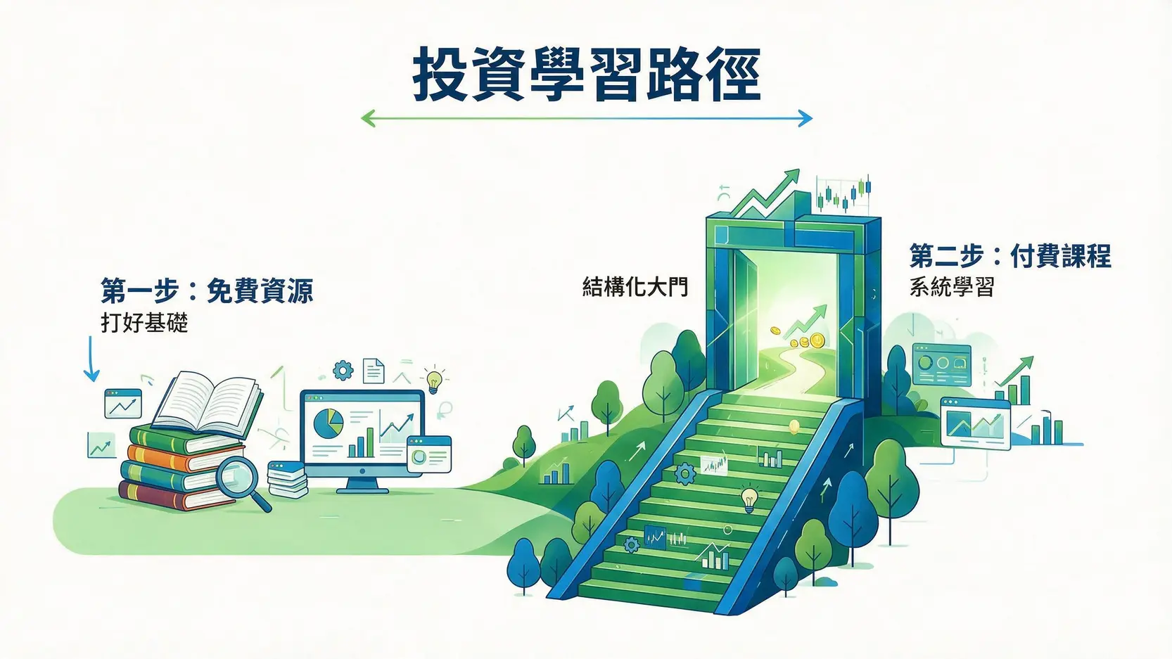 【投資理財課程推薦】2026新手必看:從0到1的6堂課,告別月光族! 2 投資理財學習路徑圖,從免費資源打基礎到付費課程系統化學習的進程。