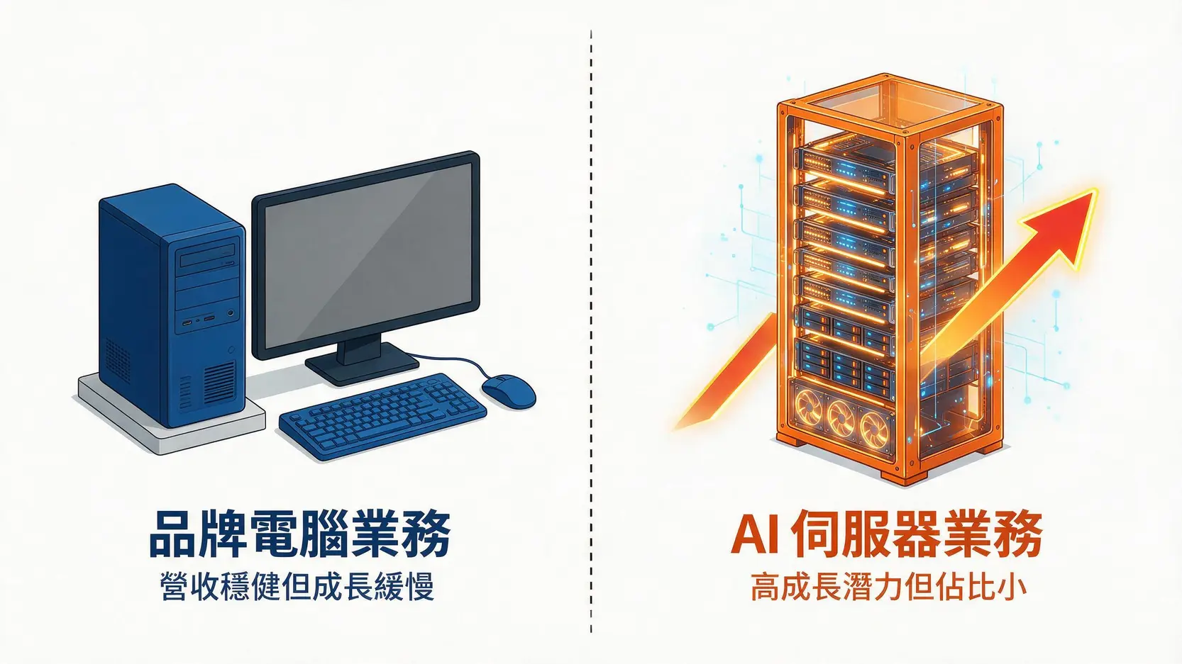 2026華碩股價還能買嗎?AI伺服器前景、下跌原因與合理價分析 2 華碩的品牌電腦業務與AI伺服器業務對比圖,顯示了前者穩健但成長慢,後者潛力高但佔比小的雙重特性。