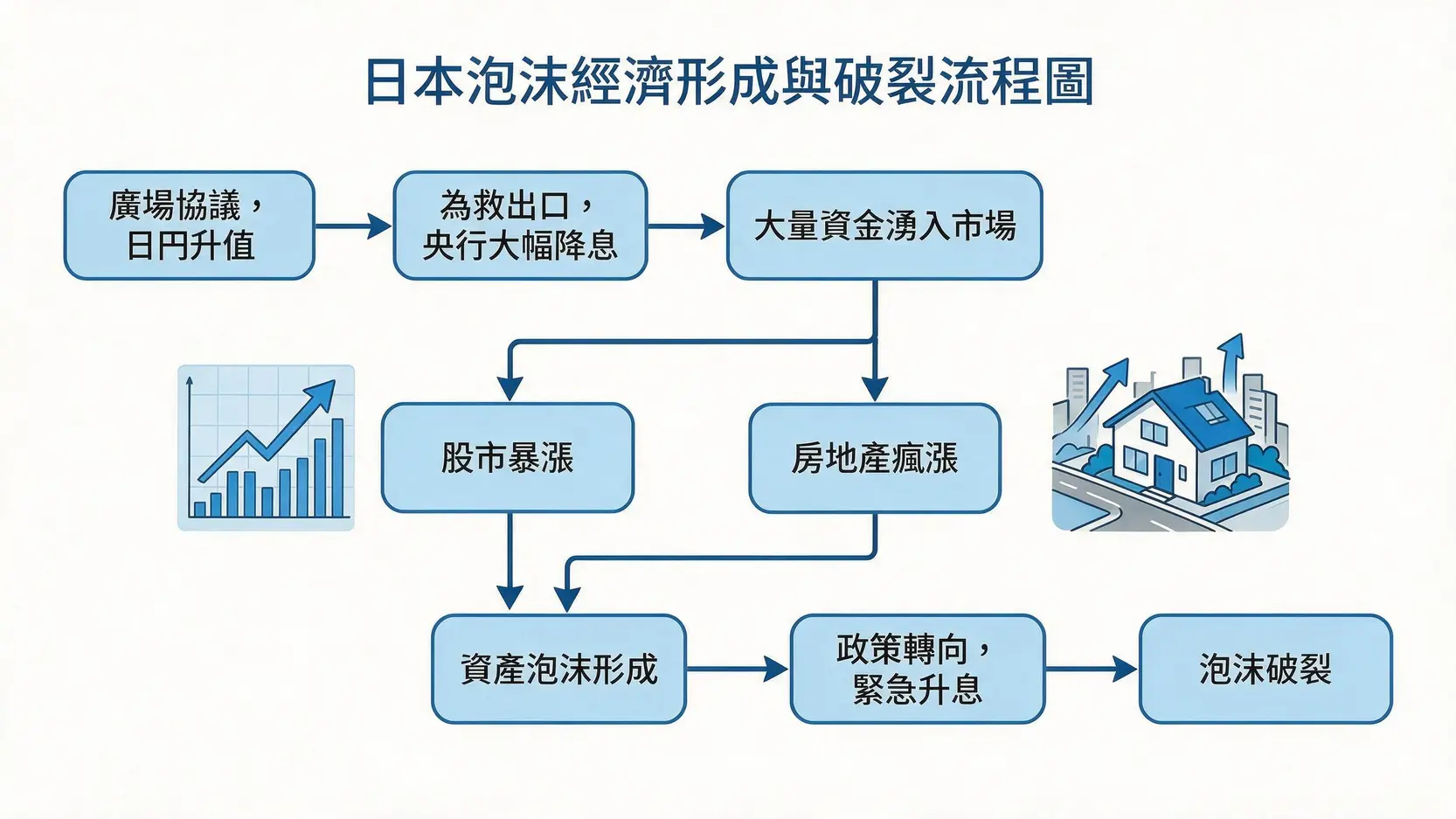 什麼是泡沫經濟?從日本失落30年,看懂資產泡沫的形成與破裂! 3 日本泡沫經濟形成與破裂的流程圖,展示從廣場協議到泡沫破裂的完整因果鏈。