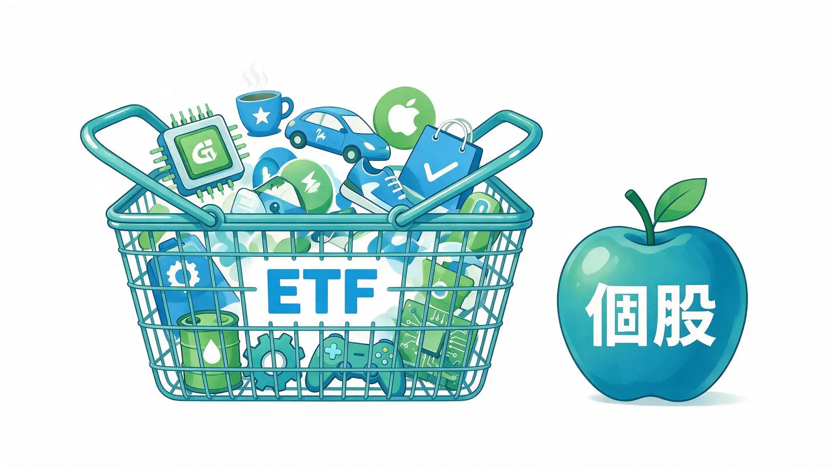 ETF是什麼?5分鐘讓投資新手搞懂ETF的優點、風險與購買方式 2 ETF與個股差異的概念圖,一個裝有多元化公司符號的籃子代表ETF,旁邊一顆蘋果代表單一股票。