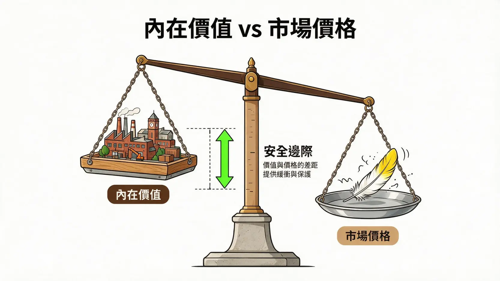 股票評價完全指南:3大估值法教你算出股票的「真實價值」 2 一張示意圖解釋股票的價值、價格與安全邊際的關係,顯示當市場價格遠低於內在價值時,便產生了投資的安全邊際。