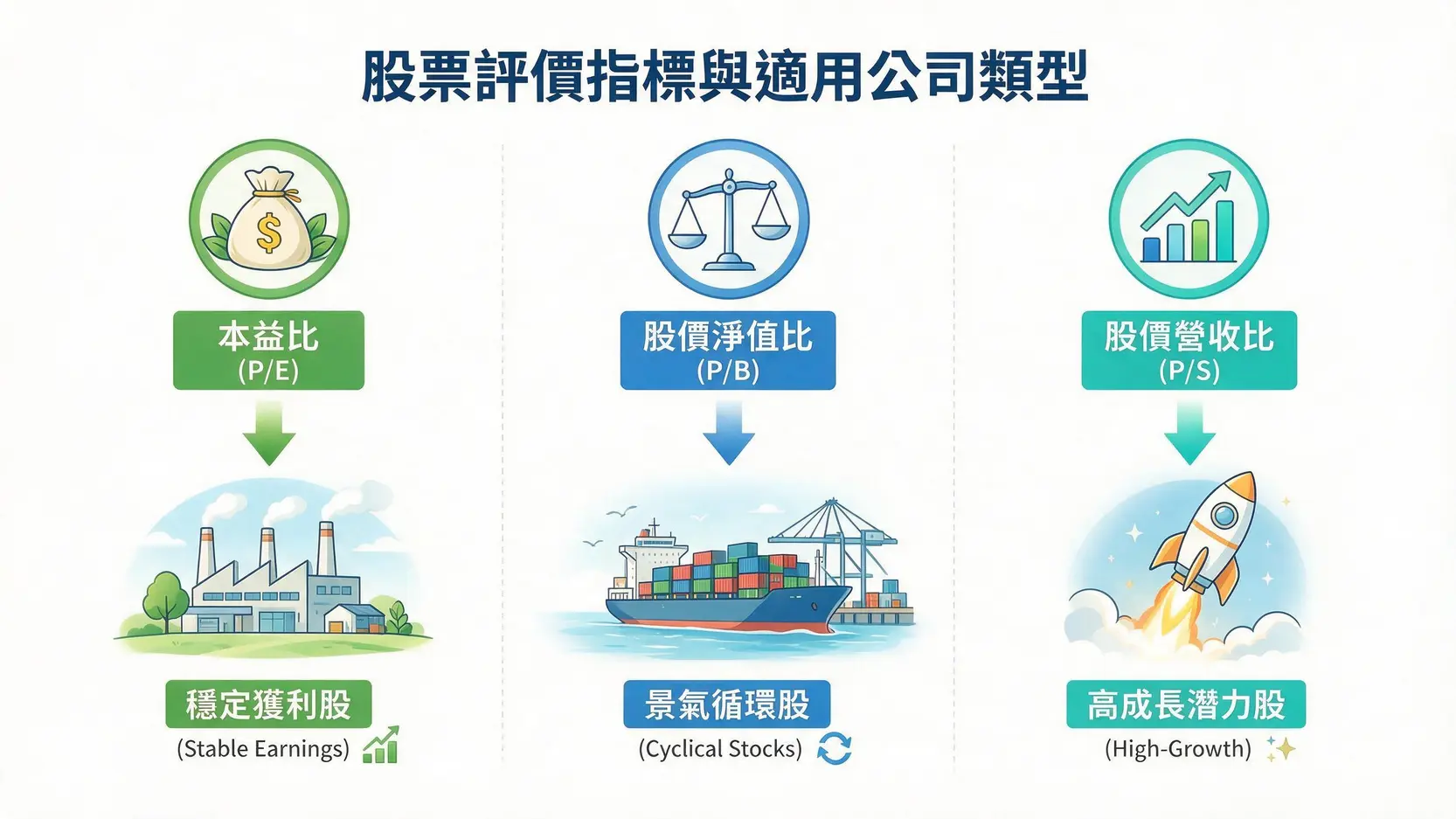 股票評價完全指南:3大估值法教你算出股票的「真實價值」 3 圖表比較本益比、股價淨值比、股價營收比三種股票評價方法,並指出它們分別適用於穩定獲利股、景氣循環股和高成長潛力股。