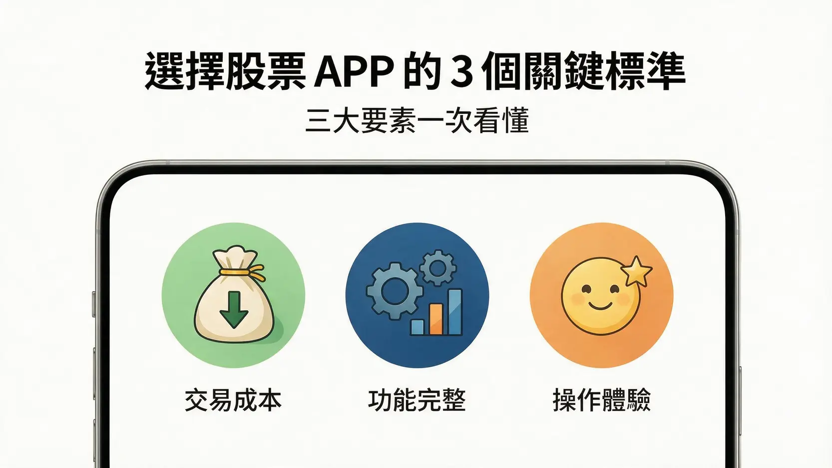 股票買賣APP推薦2026|8款券商手續費、功能與新手評比 2 選擇股票買賣APP的三大評估標準示意圖,包含交易成本、功能完整度與操作體驗。