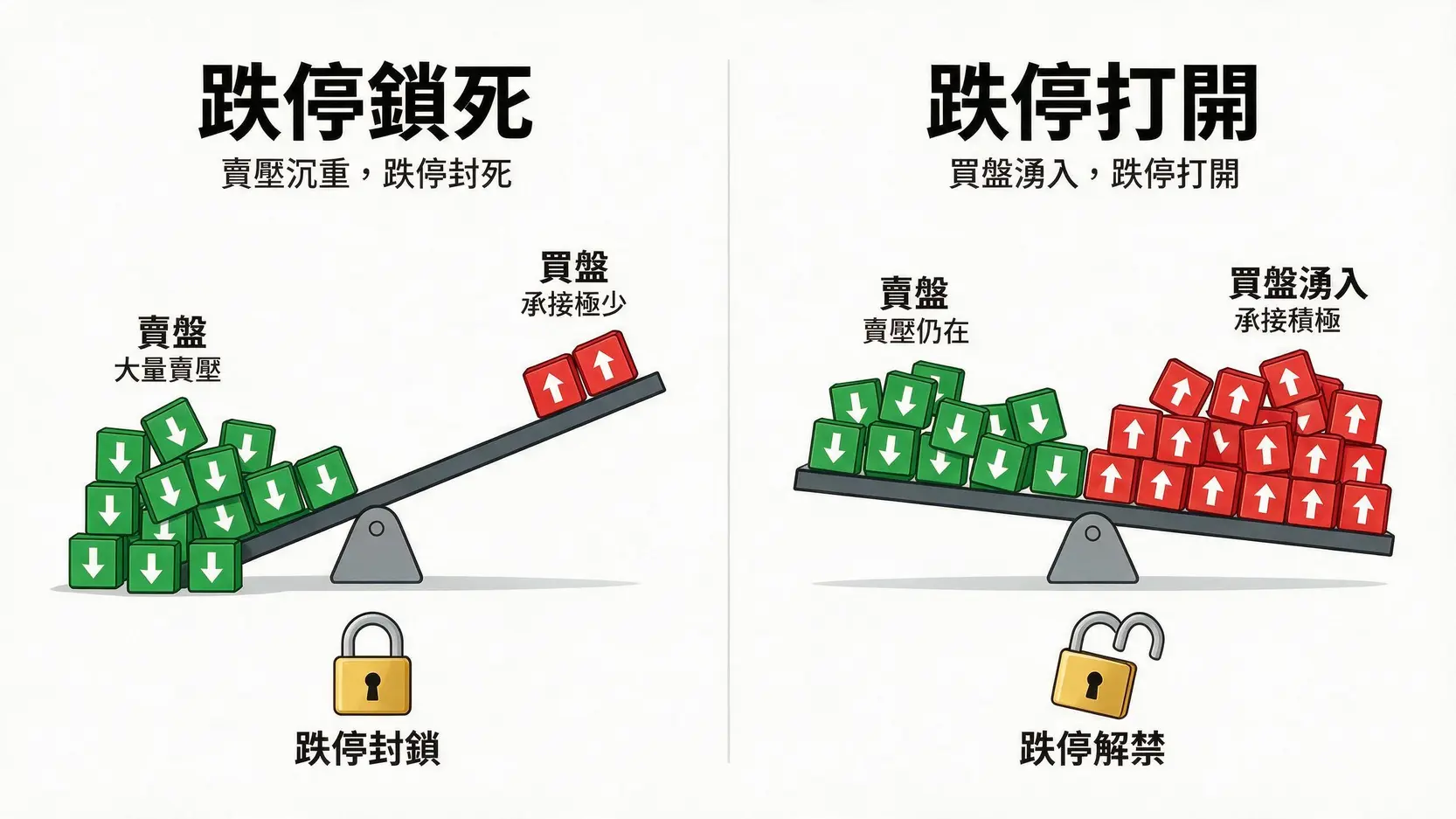 股票跌停可以買嗎?2026跌停板規則、抄底訊號與風險解析 3 跌停鎖死與跌停打開的對比圖,顯示兩者在賣單與買單力道上的差異。