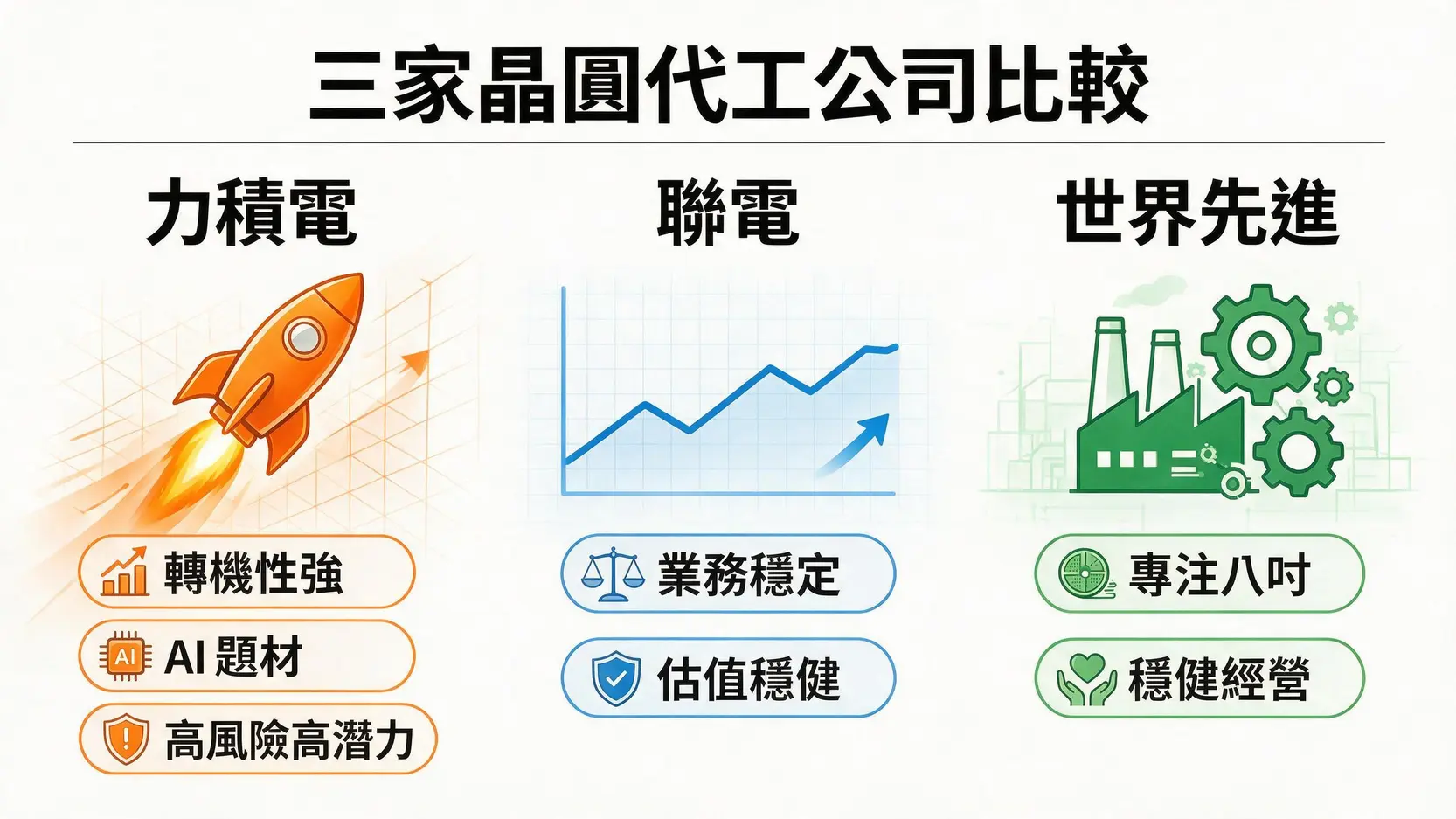 力積電股價上看100元?2026 AI題材、基本面與目標價分析 2 力積電與同業聯電、世界先進的比較圖,突顯力積電在AI轉型下的高風險高潛力特性,而聯電與世界先進則業務較為穩定。