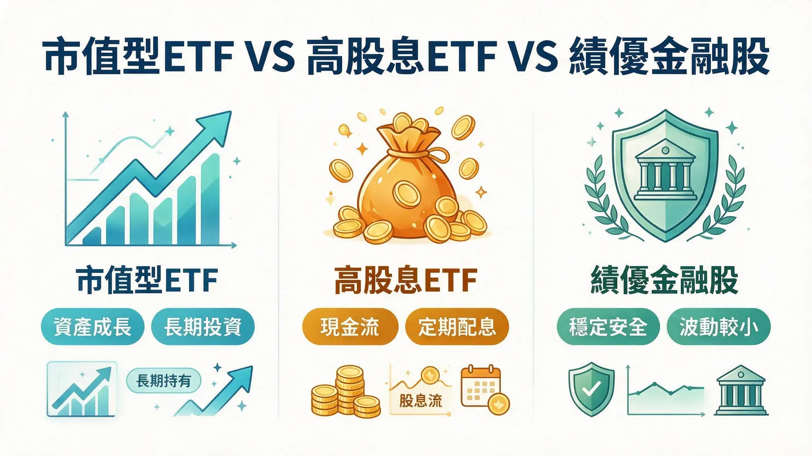 小資存股推薦:2026新手5檔ETF教學,月薪三萬也能滾出第一桶金 3 一張比較圖,清晰展示市值型ETF、高股息ETF和績優金融股三種存股標的在投資目標(資產成長 vs 現金流)與風險特性上的區別。