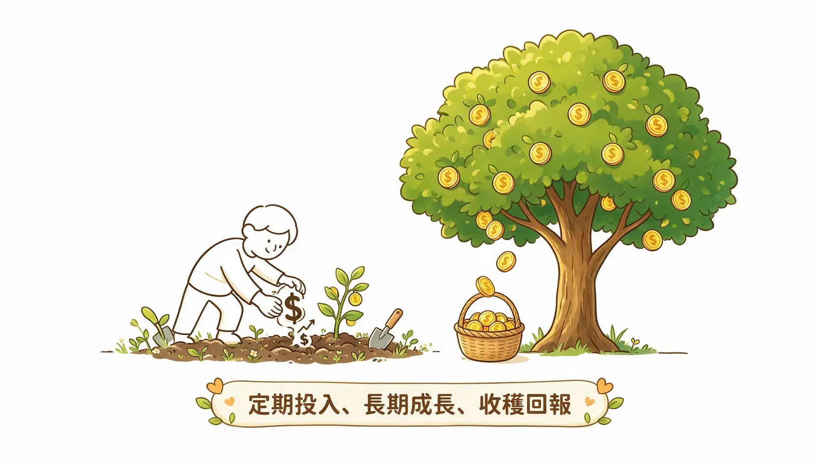 存股怎麼開始?2026新手選股指標、ETF配置與存股策略 2 存股概念示意圖,顯示一個人將股票符號種入土壤,長成一棵結滿金幣果實的大樹,象徵長期投資與複利效應。