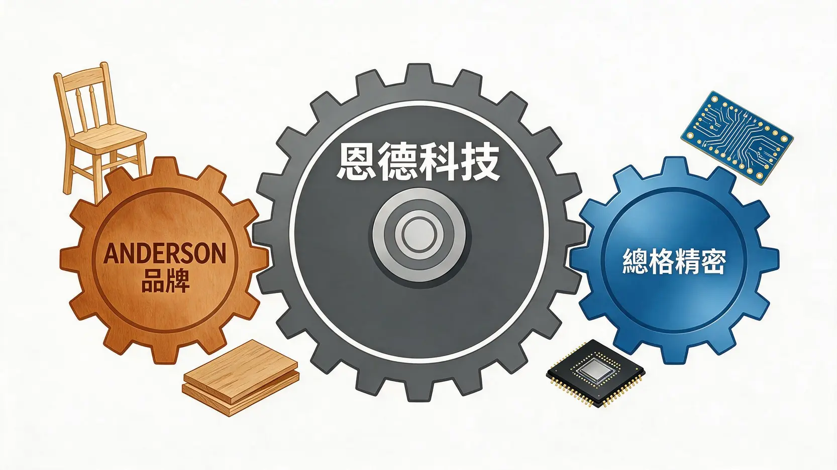 恩德科技股價值得買嗎?2026財報、EPS與PCB設備前景分析 2 恩德科技的雙業務引擎示意圖,左為ANDERSON品牌的木工機械,右為總格精密的PCB設備。