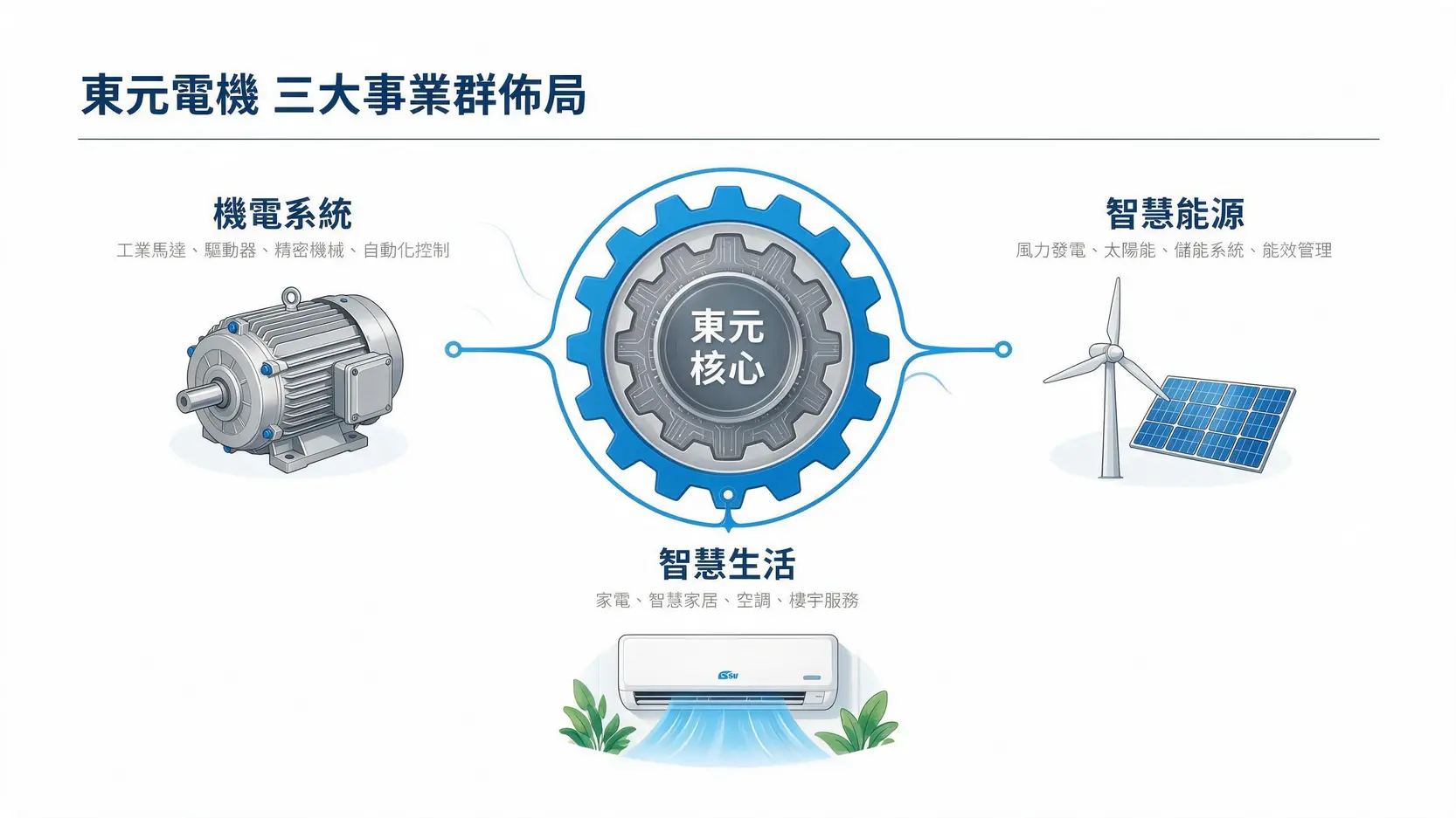 東元電機(1504)股價還能漲嗎?2026最新財報、股利、未來潛力一次看懂 2 東元電機三大事業群示意圖,包含機電系統、智慧能源與智慧生活。