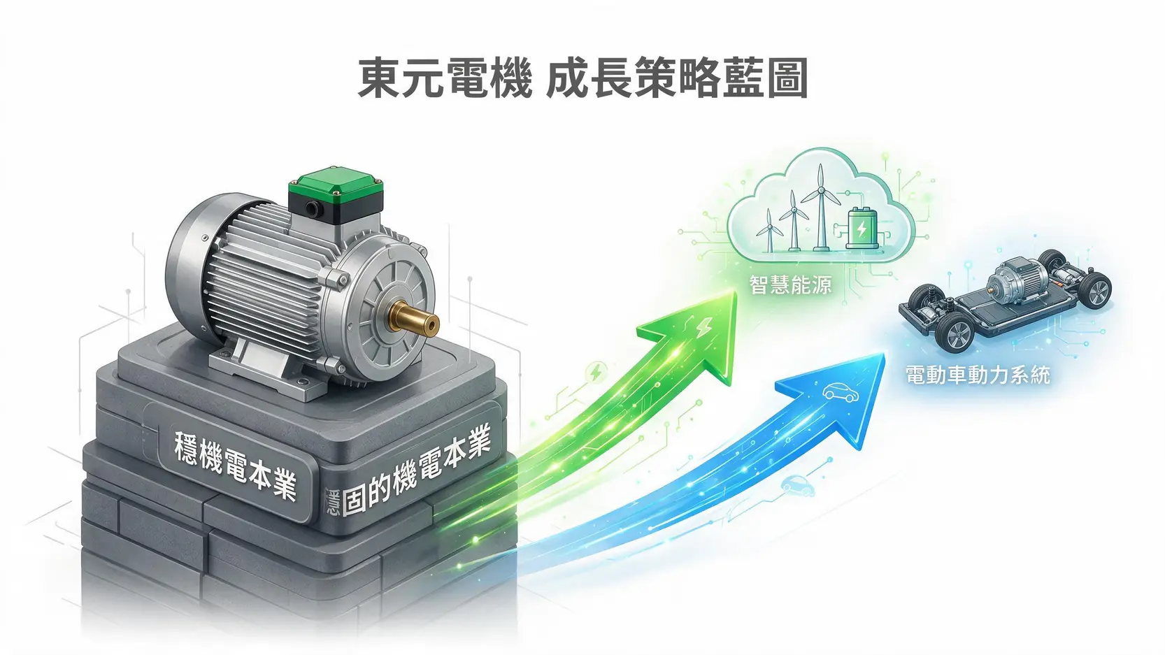 東元電機(1504)股價還能漲嗎?2026最新財報、股利、未來潛力一次看懂 3 東元電機成長動能示意圖,顯示其以機電本業為基礎,發展智慧能源與電動車動力系統兩大新引擎。